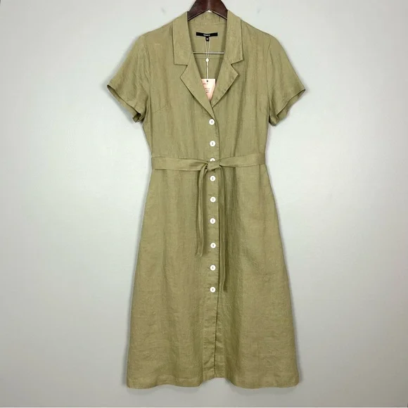 chinese dress ladies Rene Button Placket Dress in Beige 100% European Linen  KAL RIEMAN